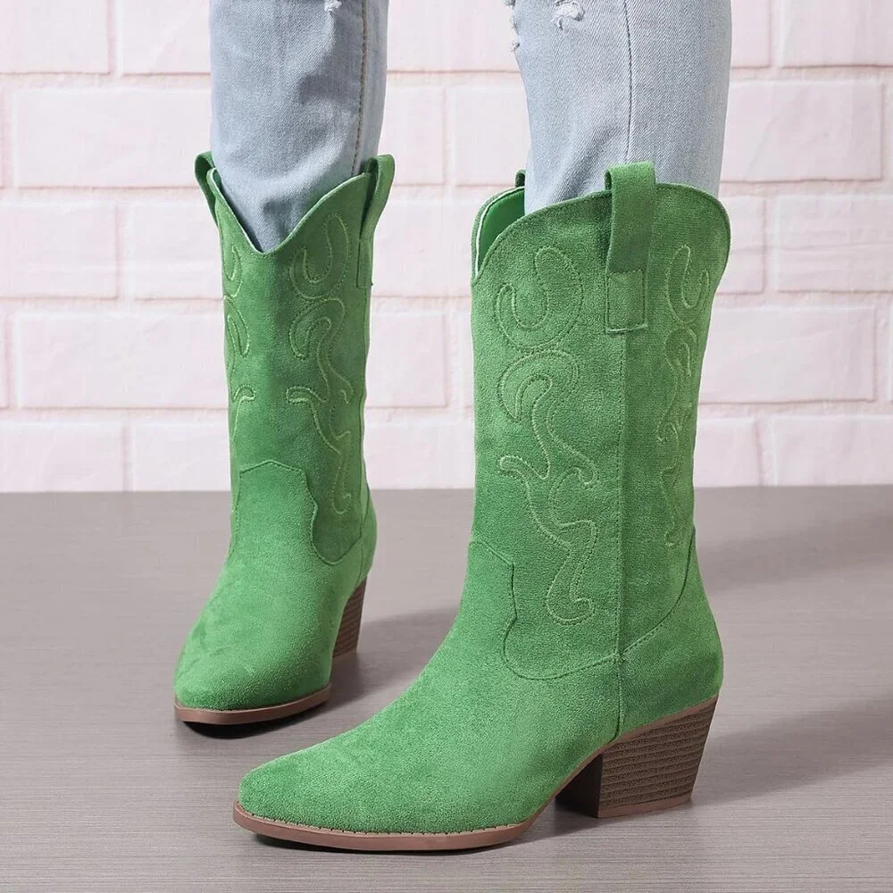 Women's Green Cowgirl Mid Calf Western Embroidery Stitched Chunky Heel Boots